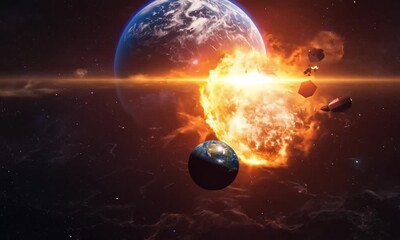 a fiery apocalypse in space destroys cosmic objects, with planets shattering like glass