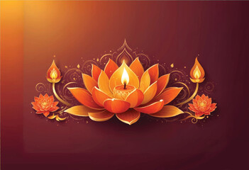 a contemporary diwali vector banner of lotus flowers that is lit with a diya oil candle on it