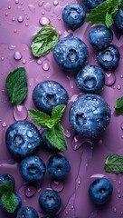 Wall Mural - Fresh blueberries and mint leaves with water droplets on a vibrant purple background