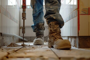 Wall Mural - drill, drill bit, bathroom tiles, worker