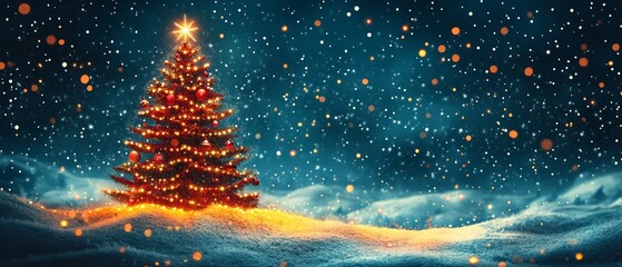 Wall Mural - A beautifully lit Christmas tree glowing in the snow, surrounded by falling snowflakes under a starry night sky.