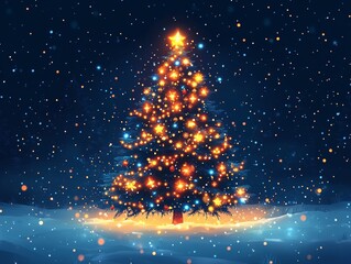 Wall Mural - A beautifully lit Christmas tree sparkles against a snowfall background, creating a magical holiday atmosphere.