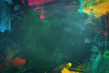 Aufkleber - Vibrant brushstrokes of various colors are artfully spread across a dark green chalkboard in a creative classroom setting. Generative AI