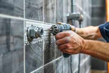 drill, drill bit, bathroom tiles, worker