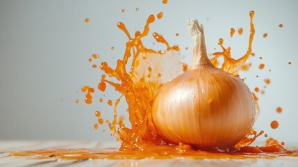 Wall Mural - A single onion is submerged in a splash of orange liquid, creating a dramatic and abstract image.