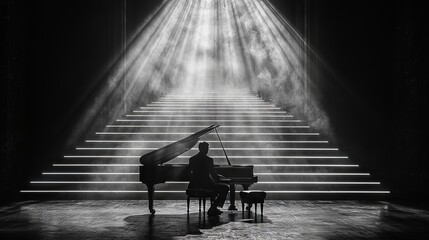 A man sitting at a piano in front of a set of stairs