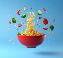 Poster - A bowl of noodles with vegetables and a red bowl