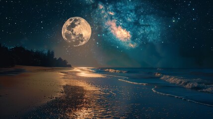 beautiful fantasy tropical beach with milky way stars in the night sky, full moon - retro style artw
