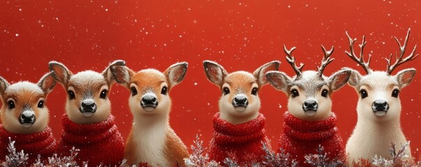 A festive group of adorable reindeer in red scarves, set against a vibrant snow-filled background, perfect for holiday themes.