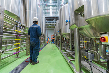 Wall Mural - Male work visual draft inspection process stainless steel tanks and in equipment tank facility for beer drinks cellar at the with vertical stainless