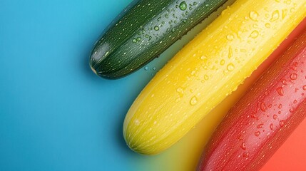 Wall Mural - Three colorful zucchinis on a blue background.