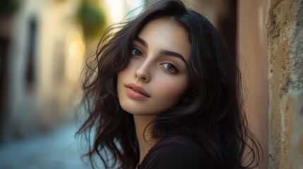 Wall Mural - A woman with long dark hair and brown eyes is standing in front of a brick wall