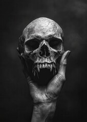 Canvas Print - A hand holding a skull with teeth