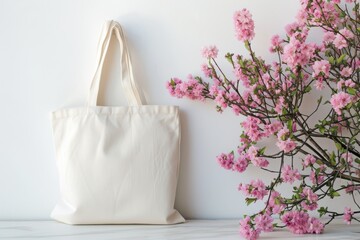 Wall Mural - Simple white blank tote bag mock up for etsy store, spring vibes, spring flowers 