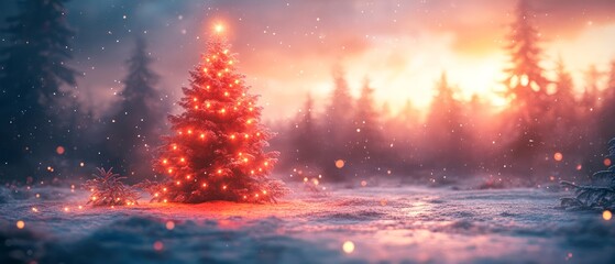 Wall Mural - A picturesque Christmas tree adorned with glowing lights stands majestically in a snowy landscape at sunset.