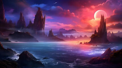 Wall Mural - Fantasy landscape with mountain and sea at sunset. 3D illustration