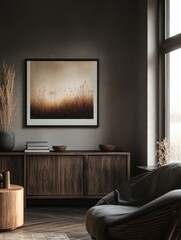 Sticker - A room with a brown wooden cabinet and a chair