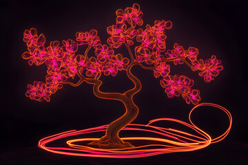 Wall Mural - Neon outline of a surinam cherry blossom tree isotated on black background.