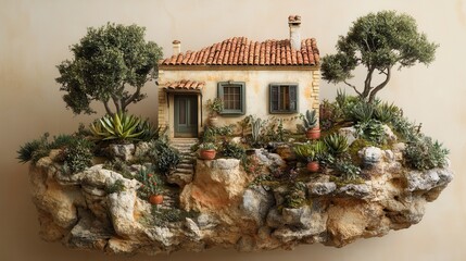 Poster - A small house is built on a rock with a garden in front of it