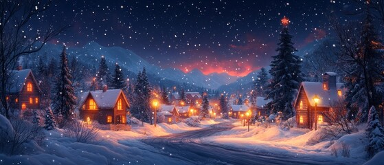 Sticker - A serene winter night scene with glowing cabins, snowy landscapes, and a starry sky. Perfect for holiday and winter-themed projects.