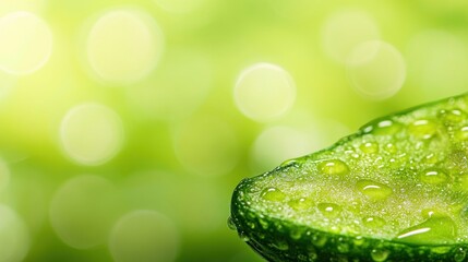 Sticker - Close-up of a green leaf with water droplets, blurred green background.