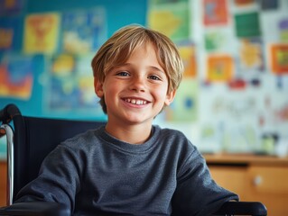 Canvas Print - A young boy with a disability is smiling and sitting in a wheelchair