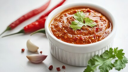 Sticker - A bowl of red sauce with a bunch of parsley on the side