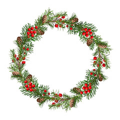Wall Mural - festive christmas wreath. round frame made of coniferous branches decorated with cones and artificia