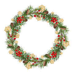 Wall Mural - festive christmas wreath. round frame made of conifer branches decorated with cones, artificial red 