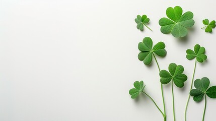 Sticker - Green shamrock leaves arranged on white background.