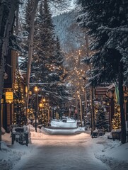 Poster - A snowy street with Christmas lights and trees