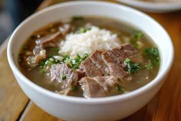 Sticker - A bowl of soup with meat and rice