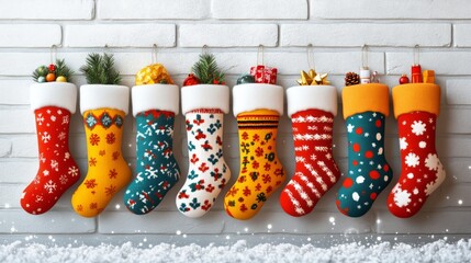 Wall Mural - Colorful Christmas stockings lined up against a white brick wall, perfect for holiday decorations and festive vibes.