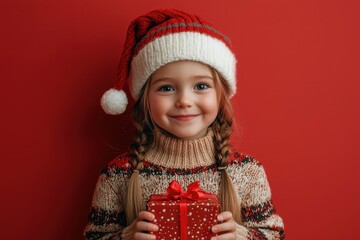 Sticker - A young girl wearing a red hat and a red sweater holding a red box