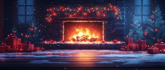 Canvas Print - Cozy holiday fireplace decorated with lights and gifts, creating a warm festive atmosphere for winter celebrations.