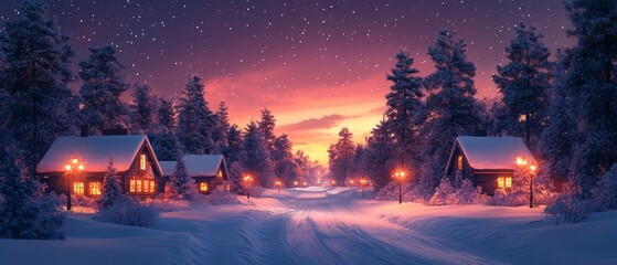 Poster - Enchanting winter landscape with cozy cabins glowing under a pastel sunset, surrounded by snow and falling snowflakes.