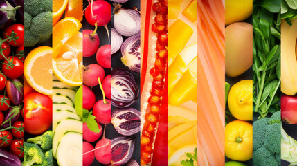 Canvas Print - A vibrant rainbow arrangement of fresh vegetables and fruits, each section showcasing different produce.