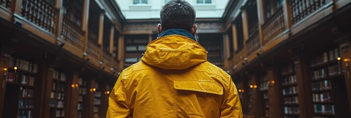 A man wearing a bright yellow jacket is strolling through a library