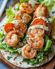 Sticker - A plate of shrimp tacos with lettuce and cheese