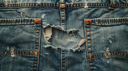 Worn blue denim with a prominent central tear flanked by visible back pockets, highlighted with orange stitching.