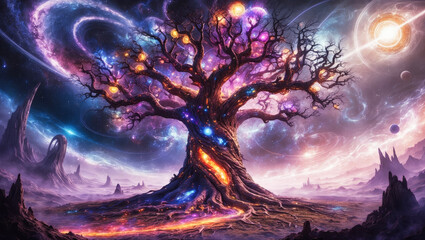 Wall Mural - An enormous cosmic tree with galaxies on its branches