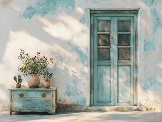 Poster - A blue door with a window and a vase of flowers on a table in front of it