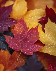 Close-up of vibrant autumn leaves with dew drops.