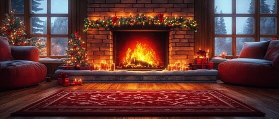 Canvas Print - Warm and cozy living room featuring a glowing fireplace, festive decorations, and comfortable seating, perfect for winter holidays.