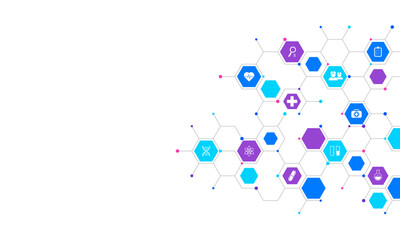 Wall Mural - Medical background and healthcare technology with flat icons and symbols. Concept and idea for health care business, innovation medicine, health safety, science, medical research, and development.