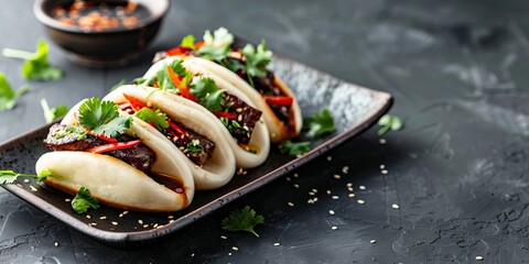 Steamed buns filled with savory pork and fresh herbs on a black plate