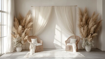 Wall Mural - Elegant Minimalist Living Room with Rattan Chairs, Pampas Grass, and Sheer Curtains in Natural Light