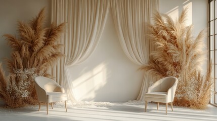 Wall Mural - Elegant Minimalist Interior with Pampas Grass and Cream Curtains in Sunlit Room Featuring Two Modern Chairs