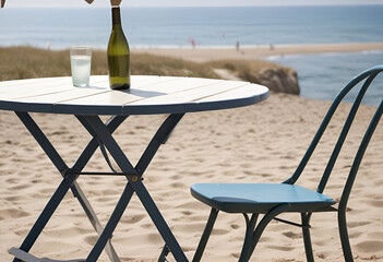 Wall Mural - Table with chairs and umbrella on the beach, summer vacation,