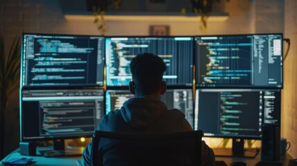A male computer programmer in front of several monitor screens displays coding. View from behind.